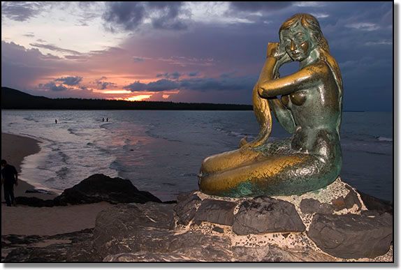 The famous Songkhla mermaid at sunset