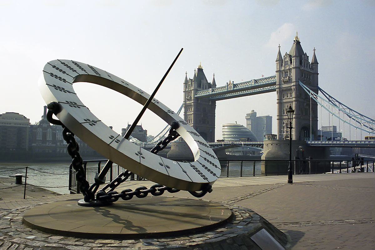 Sundial with Tower Bridge and Butler's Wharf in the background