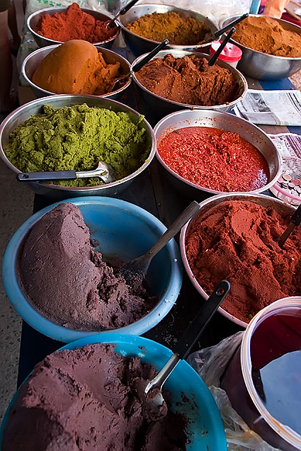 Various spices and curry pastes on sale at a local Thai fresh market