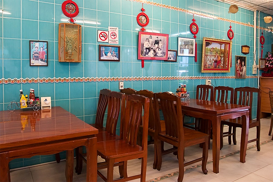 Inside a colourful Thai restaurant
