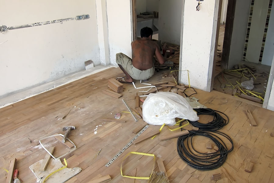 The dreaded parquet flooring being installed