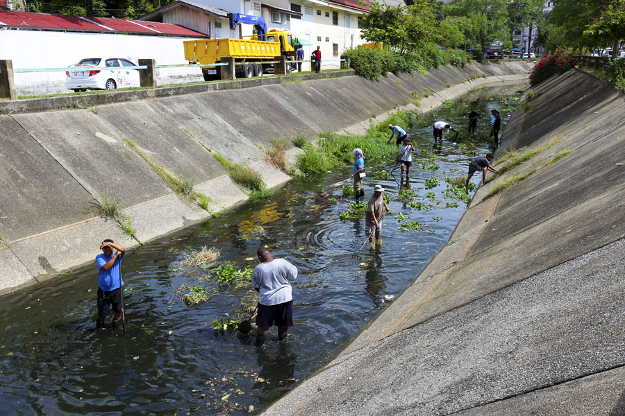 Workers removing vegetation from a canal