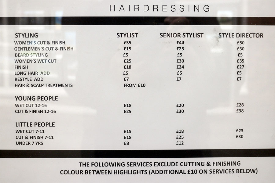 UK hairdressing prices and, no doubt, prices are a lot more expensive in London