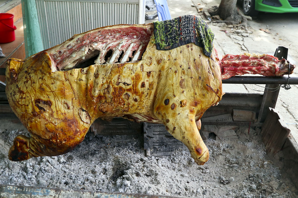 A pig being spit-roasted in Hoi An, Vietnam