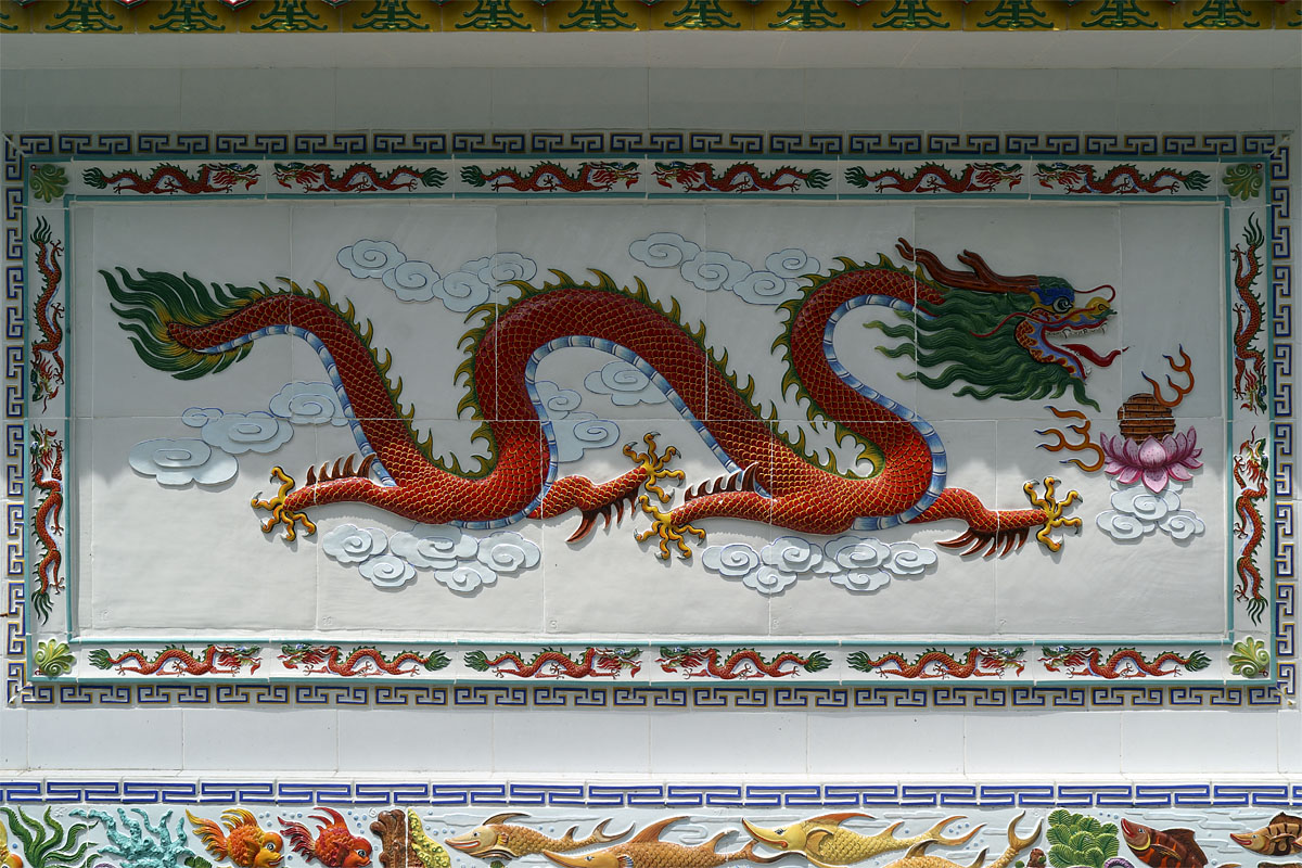 Hand-painted tiles on the external wall of Cheo Chaang Temple, Hat Yai, 10 August 2018